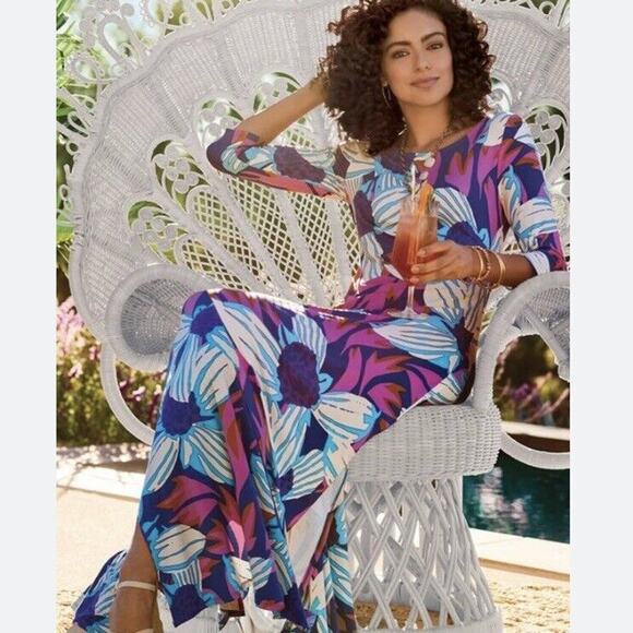 Soft Surroundings Dress Size Medium Serena Maxi Stretch Floral Side Slits - Picture 1 of 11